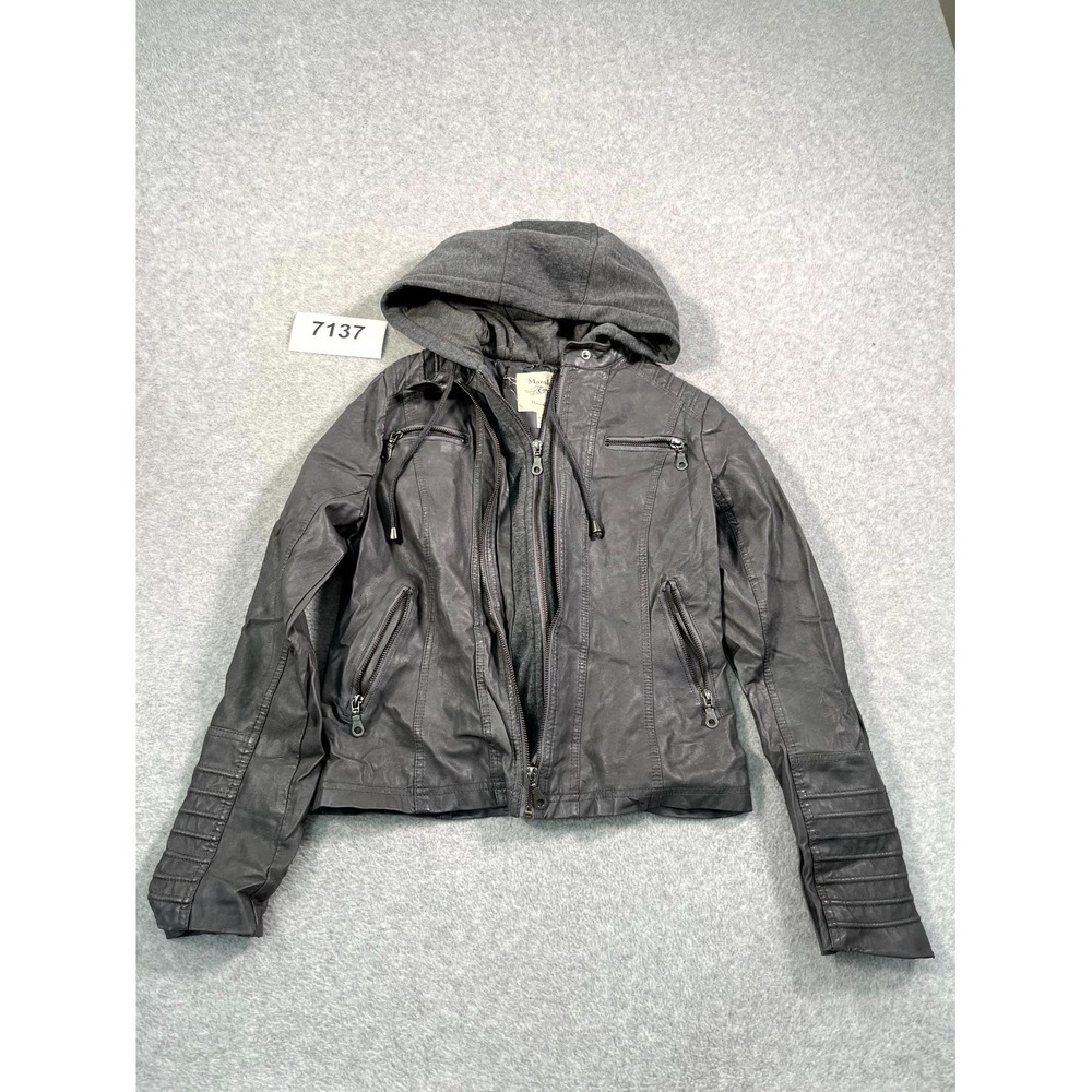 Maralyn & Me Moto Jacket Womens Small Black Lined Hooded Full Zip Long Sleeve